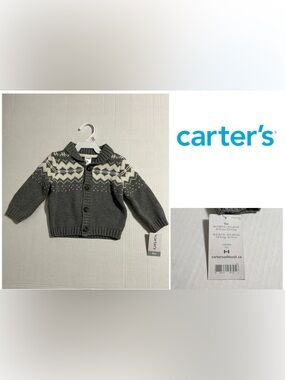 🆕CARTER’S - 9M - NWT - INFANT BOYS GREY FAIRISLE KNIT CARDIGAN SWEATER